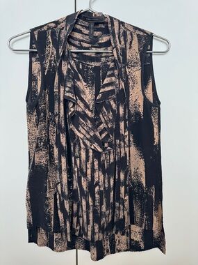 BCBGMaxAzria Black and Beige Abstract Draped Sleeveless Top